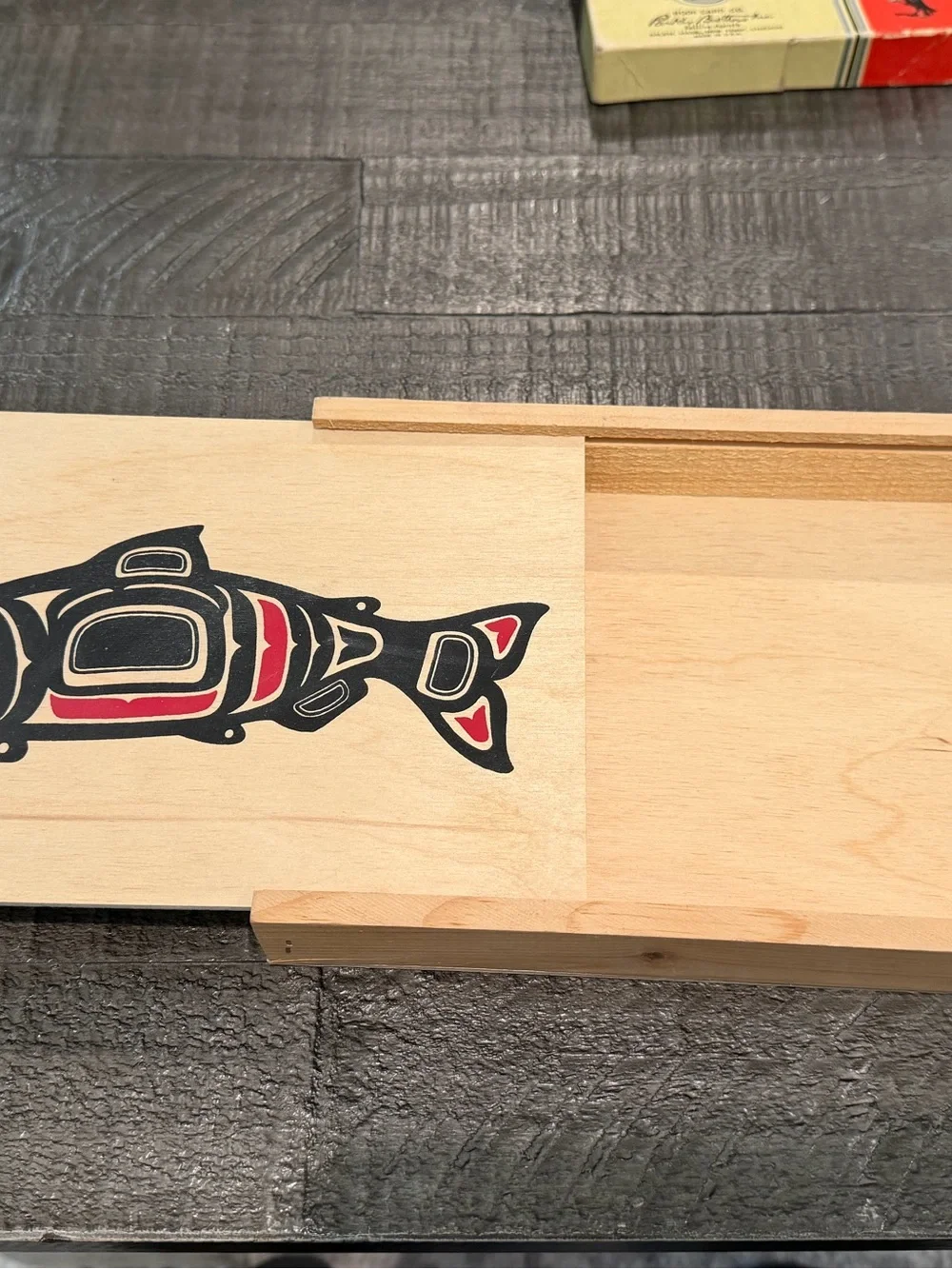 Pacific Northwest Native Salmon Design Wood Slide Lid Box ~ Keepsake Storage Box